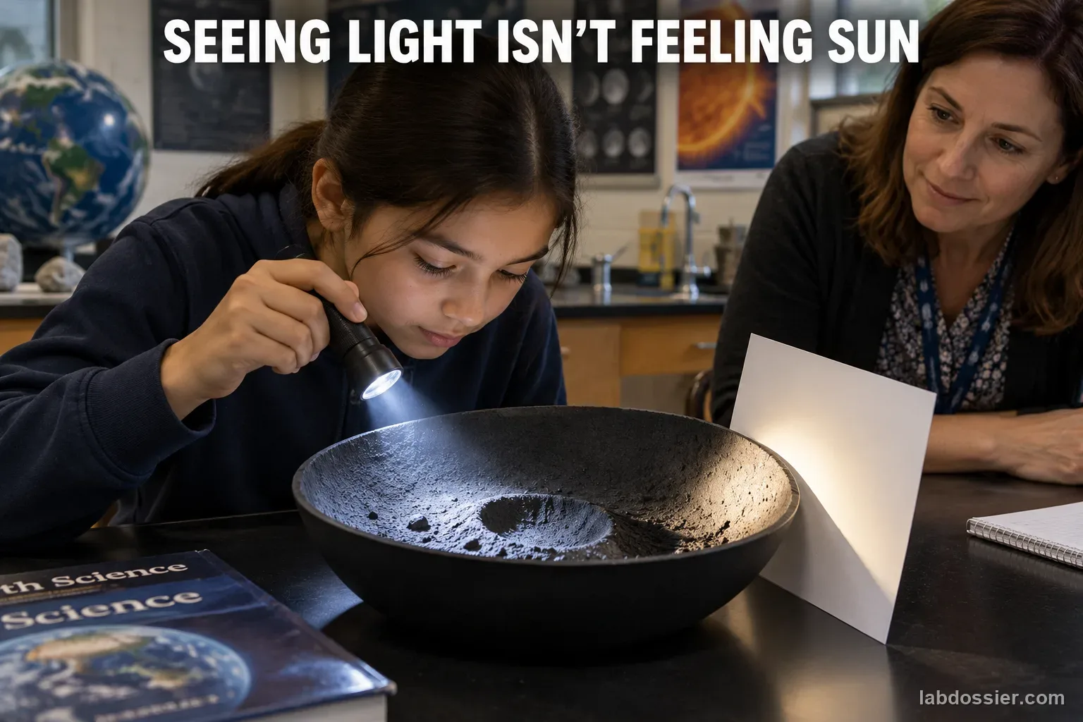 A student and teacher shine a flashlight into a crater bowl while a white card reflects light into its shaded interior; headline reads SEEING LIGHT ISN’T FEELING SUN.