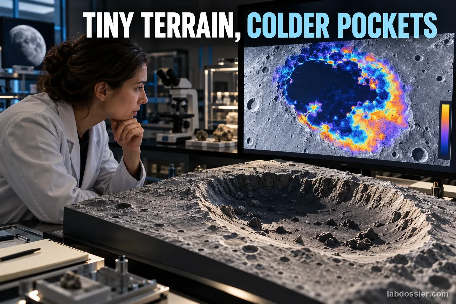 A researcher studies a thermal map and detailed crater model showing small cold pockets within larger lunar terrain; headline reads TINY TERRAIN, COLDER POCKETS.