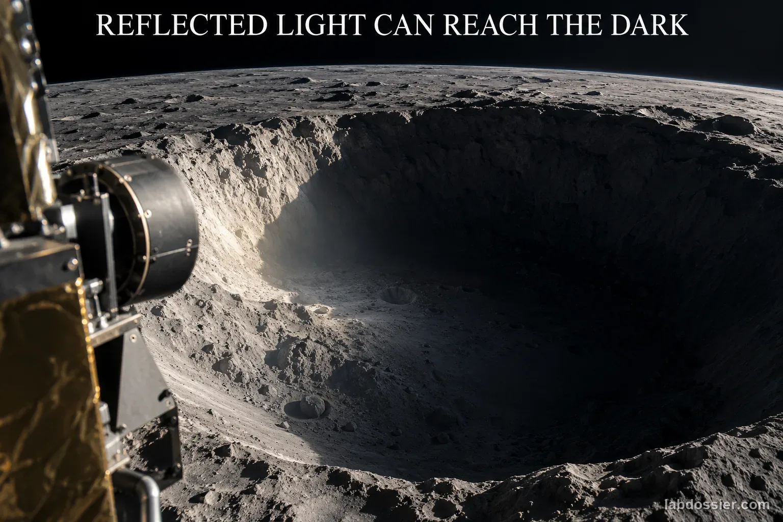 An orbiter camera looks toward a crater's dark interior as faint reflected light reaches the wall and floor; headline reads REFLECTED LIGHT CAN REACH THE DARK.