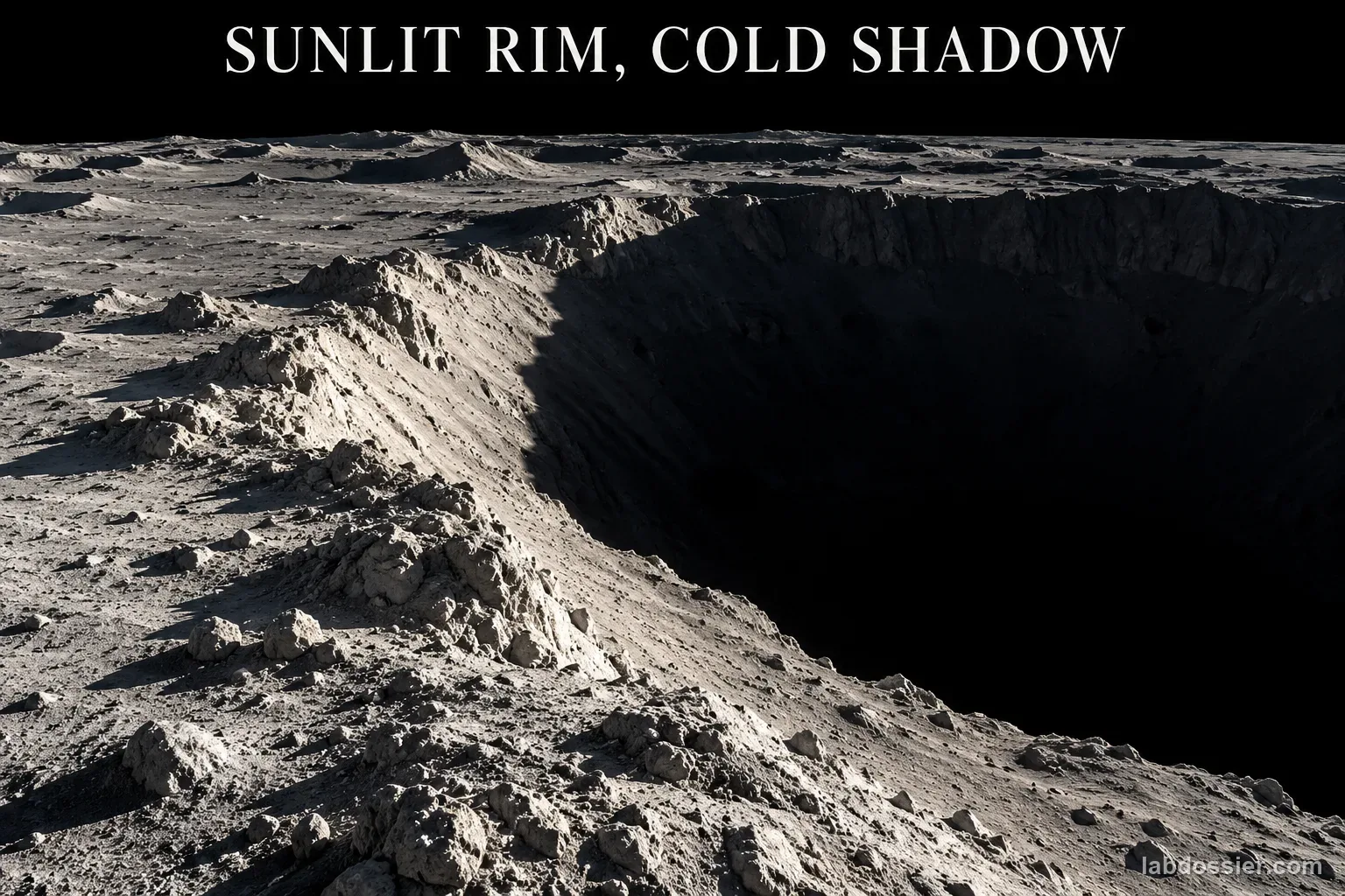 A sunlit lunar crater rim borders a dark interior with long shadows; headline reads SUNLIT RIM, COLD SHADOW.