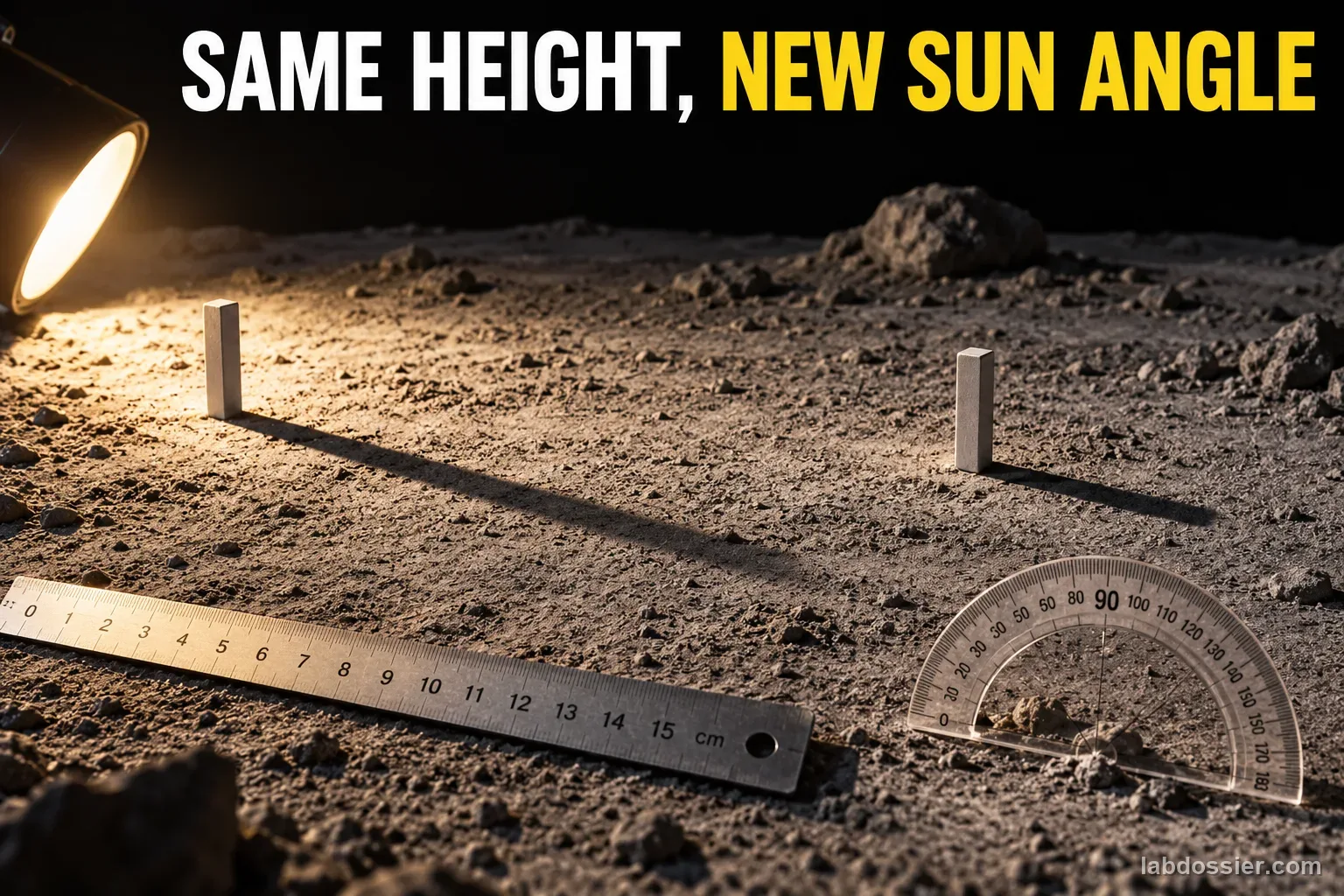 Two identical vertical markers cast different shadows as light arrives from different Sun angles; headline reads SAME HEIGHT, NEW SUN ANGLE.