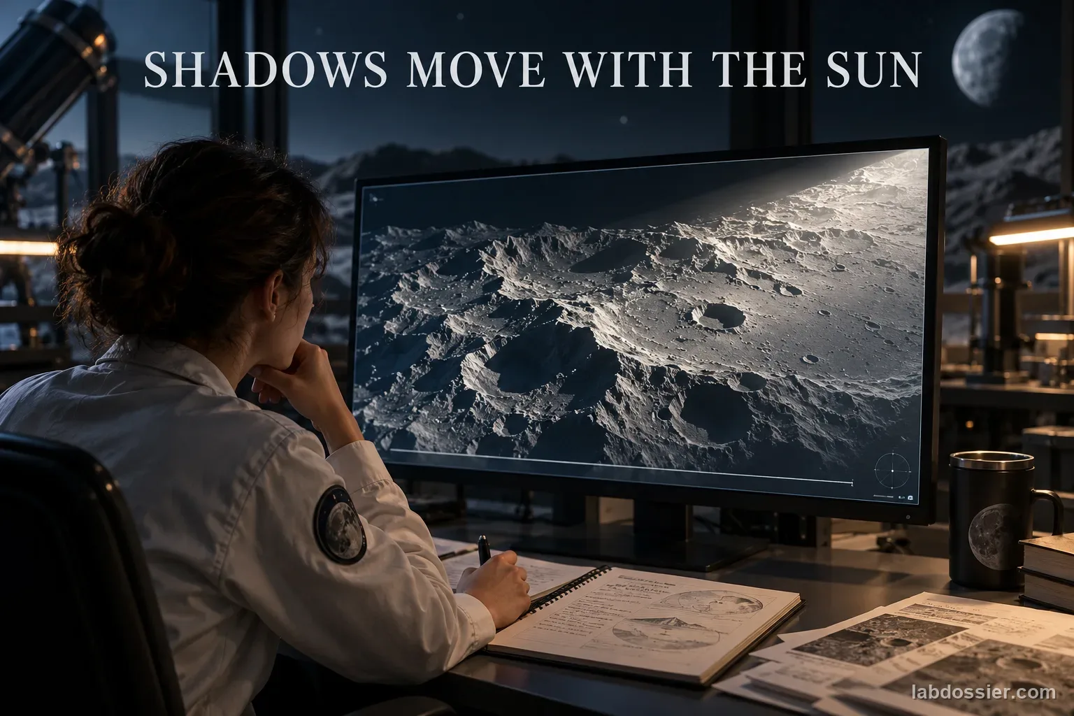 A lunar illumination researcher studies shadow movement over rough terrain on a monitor; headline reads SHADOWS MOVE WITH THE SUN.