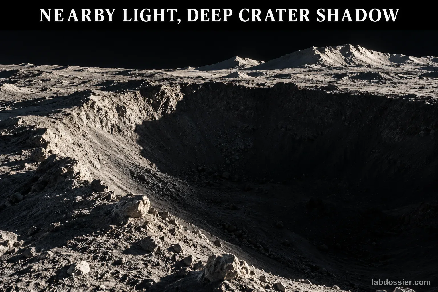 Low Sun lights a raised lunar crater rim while its deep interior remains in shadow; headline reads NEARBY LIGHT, DEEP CRATER SHADOW.
