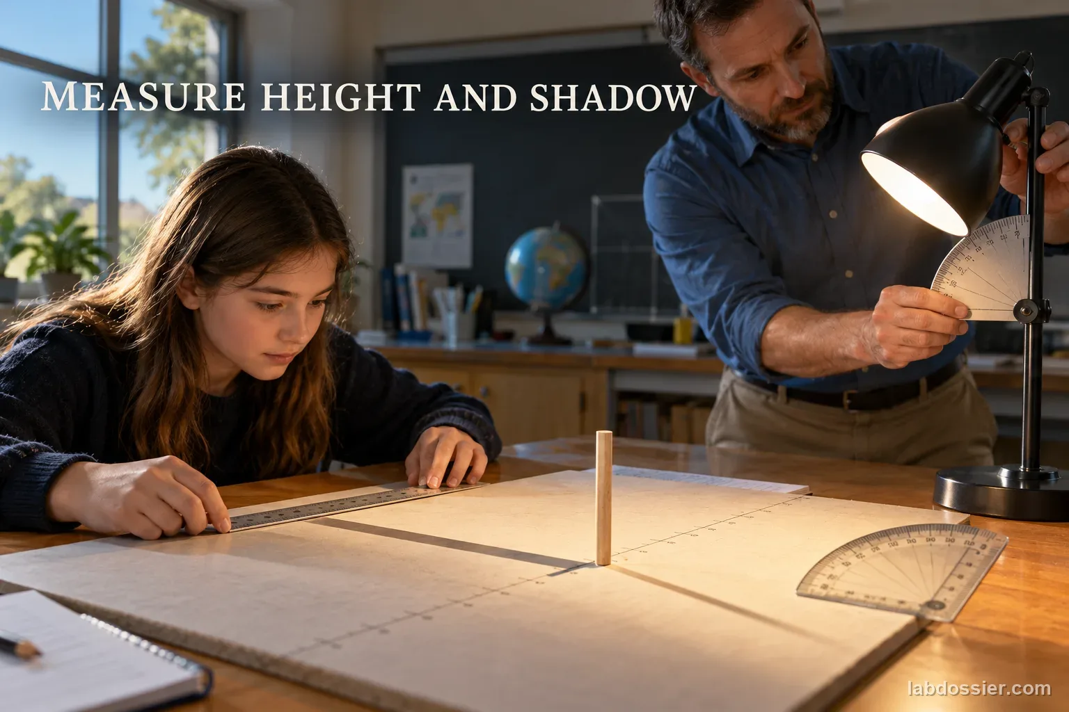 A student measures a vertical model marker and its lamp-cast shadow with ruler and protractor; headline reads MEASURE HEIGHT AND SHADOW.