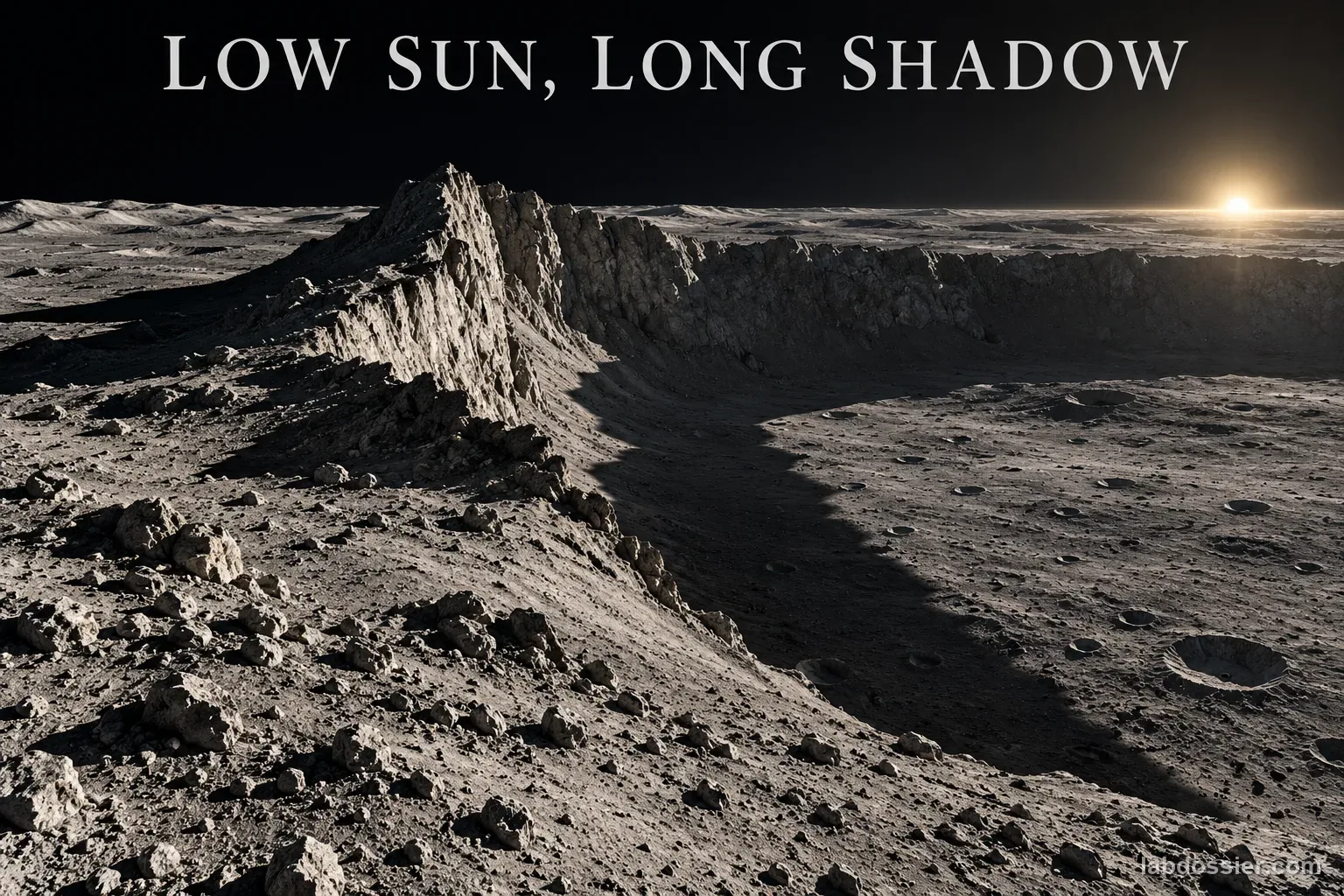 A long black shadow stretches across rugged lunar terrain from a high crater rim under low Sun; headline reads LOW SUN, LONG SHADOW.