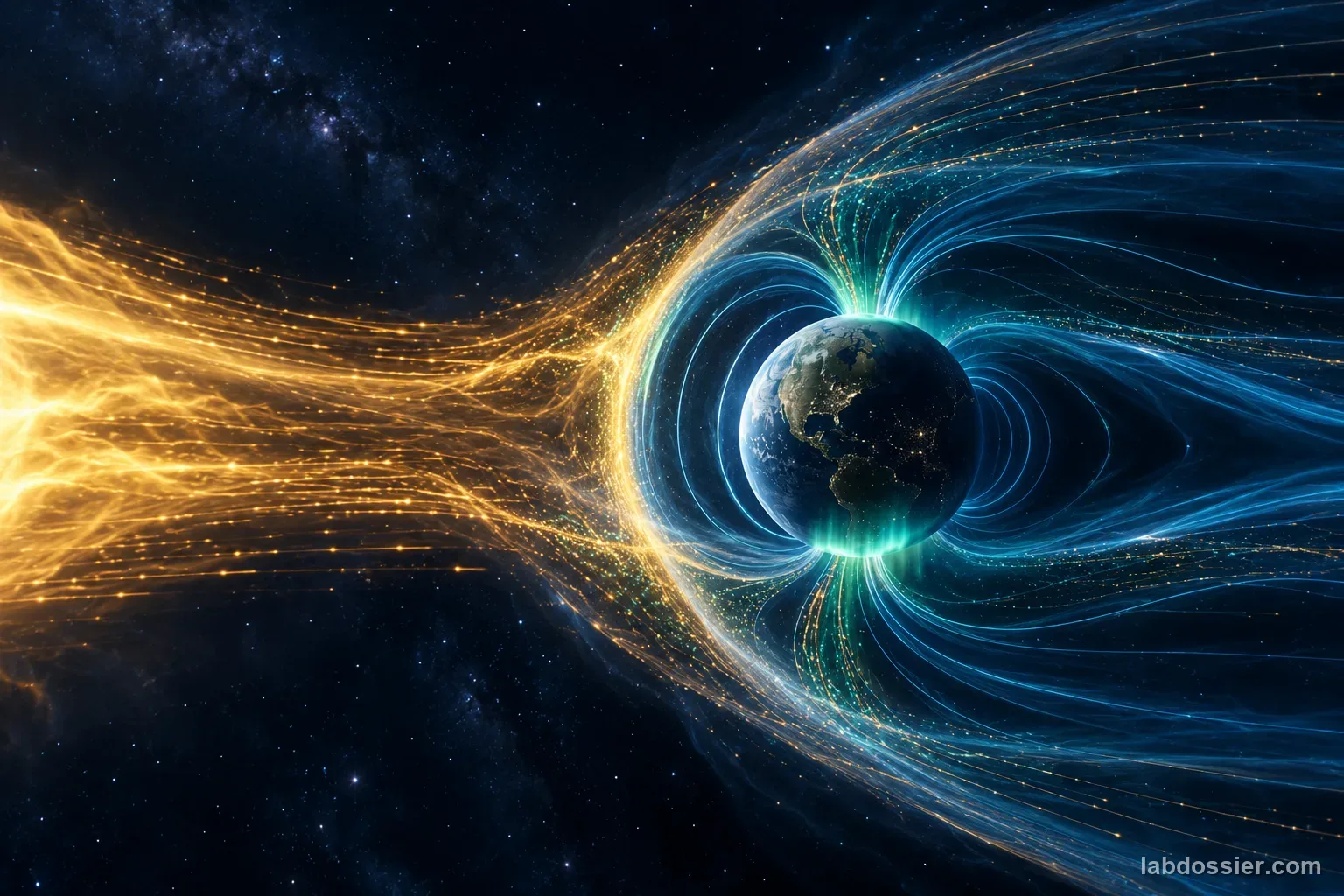Editorial space illustration of Earth's magnetosphere shaping solar-wind flow, with some charged particles entering near a polar cusp; no scale or data are shown.