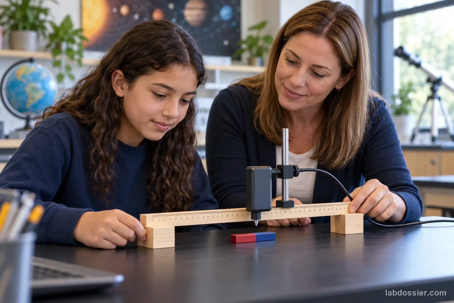 A student and teacher measure a small classroom magnet using a Hall-effect sensor held in a fixed nonmagnetic jig.