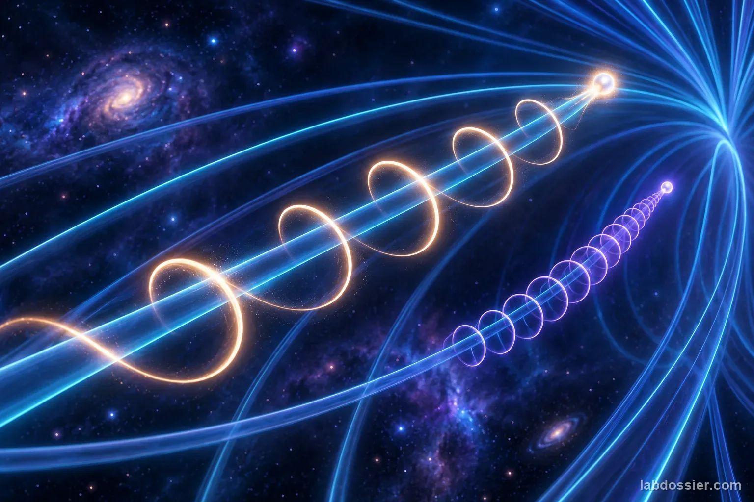 Scientific visualization of a hypothetical charged particle curving more tightly in a stronger magnetic field; paths are illustrative, not measured.