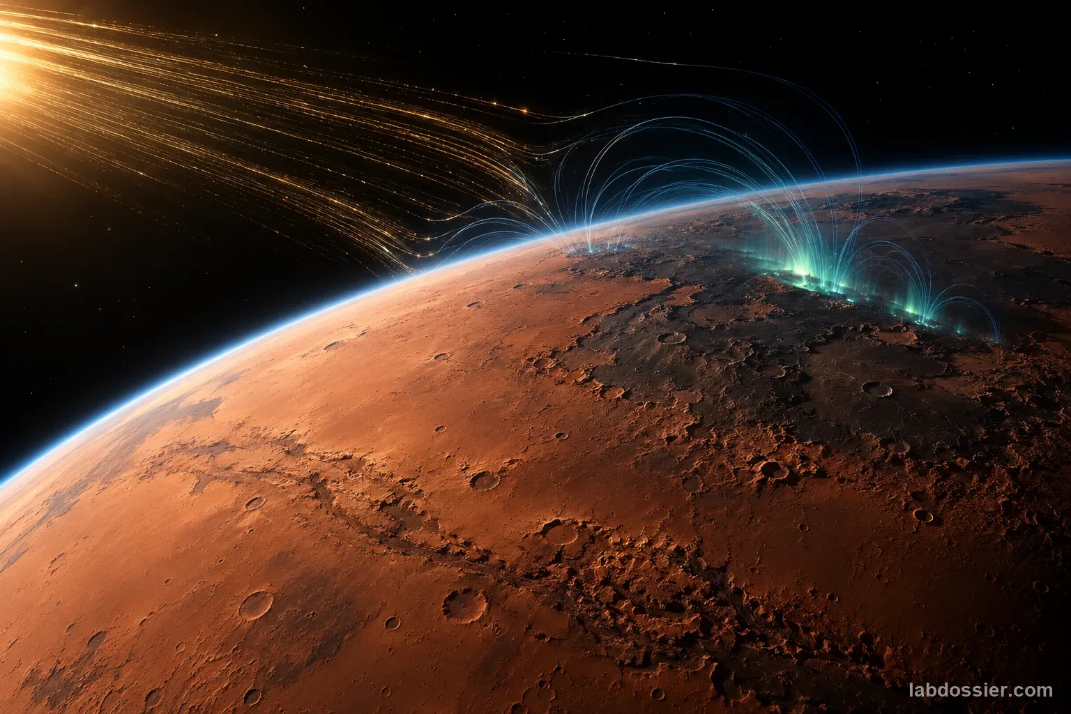 Mars viewed from orbit with localized crustal magnetic regions and a small auroral glow, without a global magnetic shield.