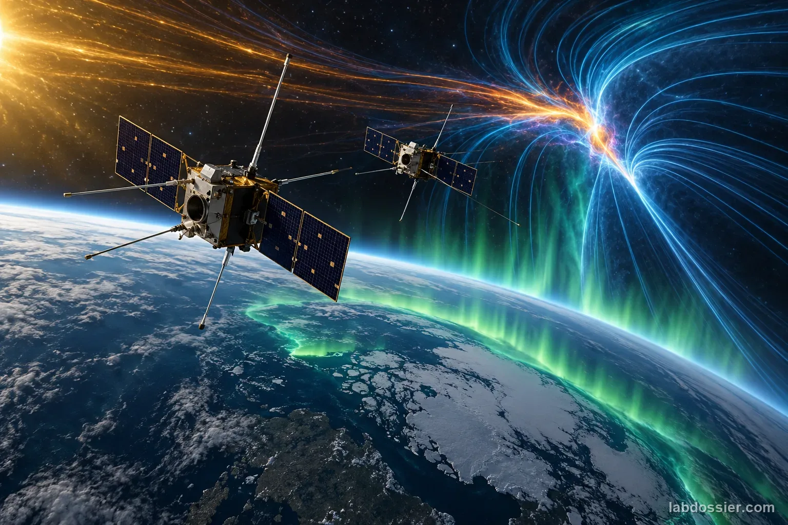 Two research satellites fly in tandem near Earth's polar cusp to study magnetic reconnection where solar wind meets the magnetosphere.