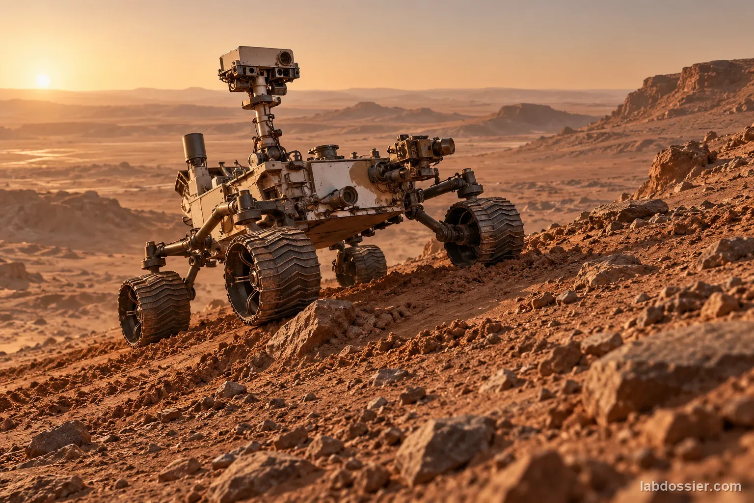 A six-wheeled Mars rover climbs a modest loose slope, leaving clear tracks; an editorial illustration rather than a mission photograph.