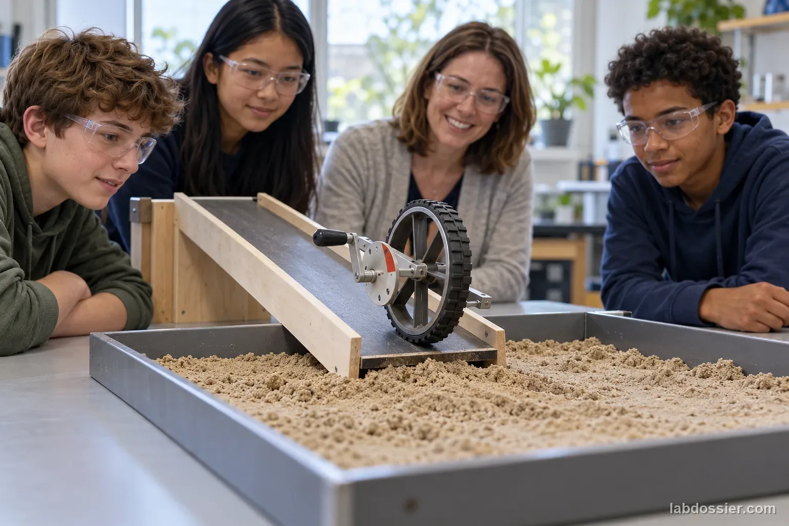 Students and teacher run a low-speed hand-cranked wheel test rig on a guided shallow ramp above a contained damp-sand tray.