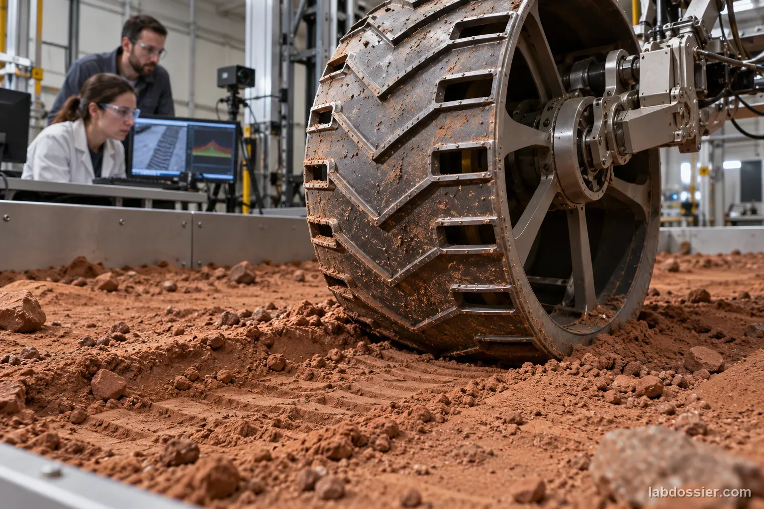 A large rover wheel presses its treads into granular soil inside an engineering single-wheel traction test lab.