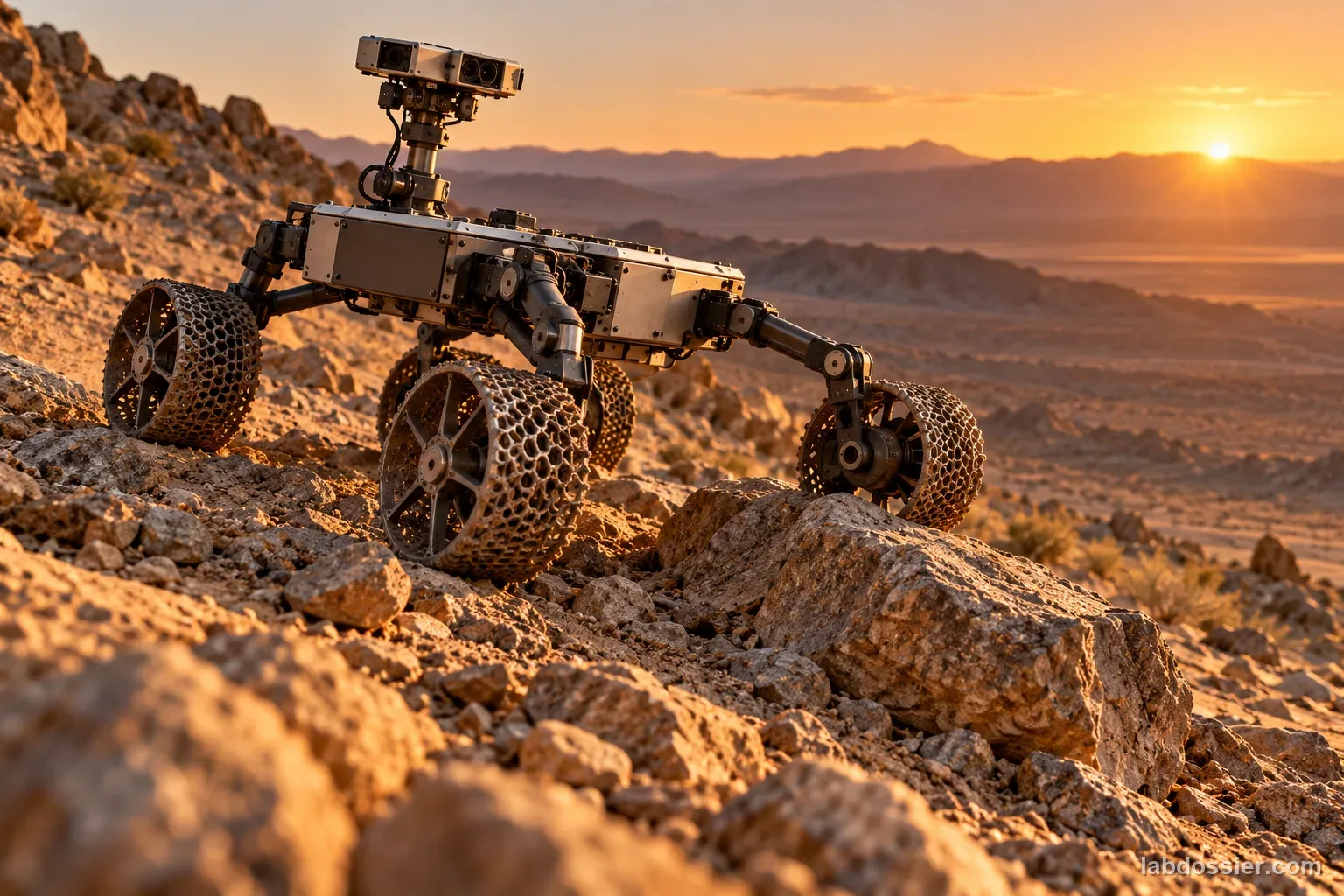 A compact articulated research rover with mesh wheels navigates a rocky desert slope at dawn; concept art inspired by current prototypes.
