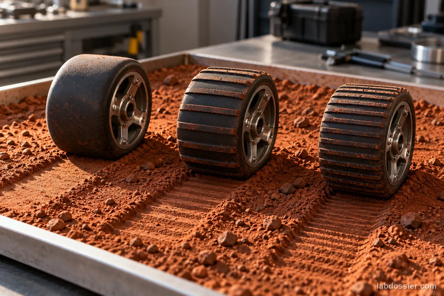 Three same-size rover test wheels with smooth and low-profile ribbed tread sit naturally in a tray of red granular soil.